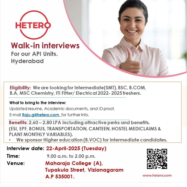 Hetero Walk-In Interview for Freshers for API Units in Hyderabad