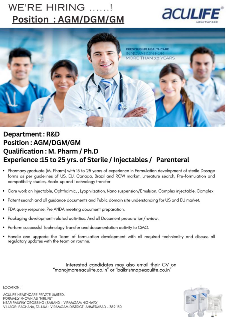 Aculife Healthcare Is Hiring for AGM/DGM/GM in R&D
