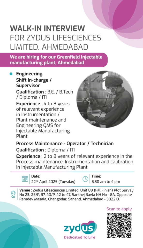 Zydus Lifesciences Limited Walk-In Interview for Engineering Positions in Ahmedabad