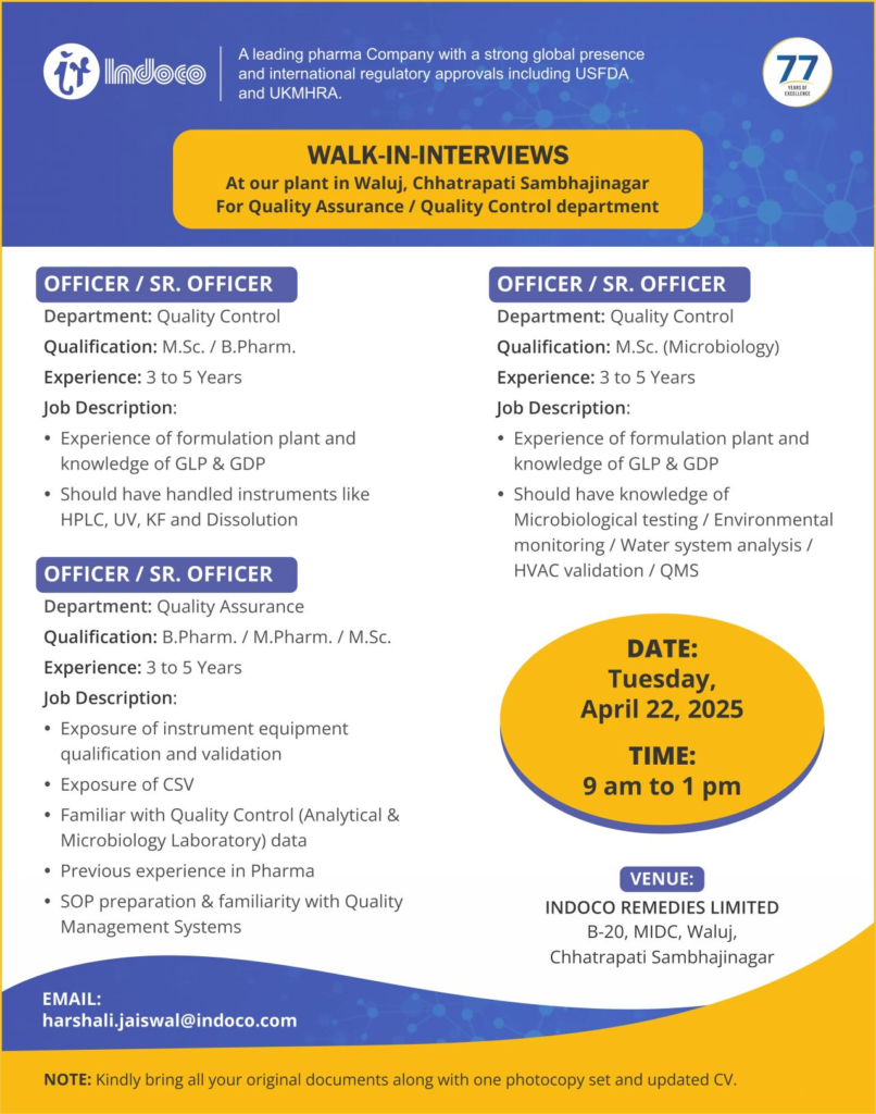 Indoco Remedies Walk-In Interviews for Quality Assurance & Quality Control on 22nd April