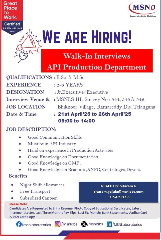 MSN Laboratories Walk-In Drive - Join Our API Team on 21st-26th April