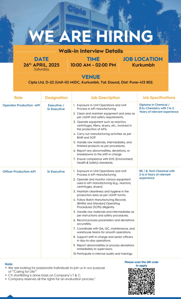Cipla - Walk-In Interviews for Production Roles in Kurkumbh