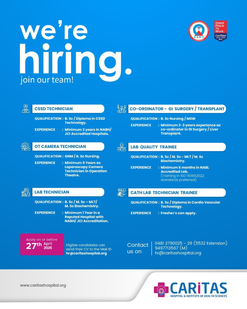 Caritas Hospital & Institute of Health Sciences - Hiring Multiple Healthcare Roles in Kottayam