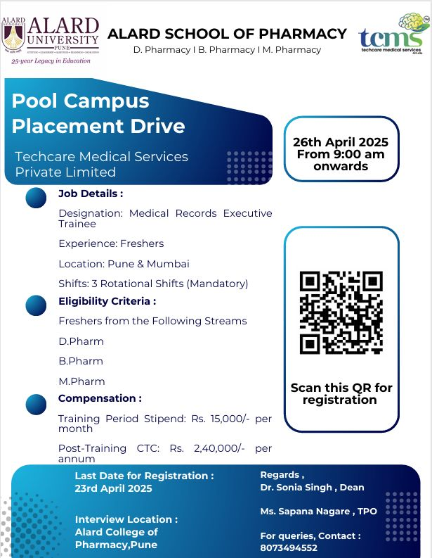 Techcare Medical Services - Pool Campus Placement Drive at Alard School of Pharmacy, Pune
