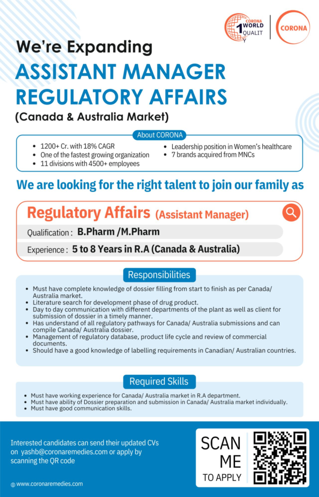 Corona Remedies - Hiring Assistant Manager, Regulatory Affairs for Canada & Australia Markets
