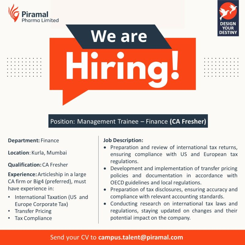 Piramal Pharma Limited - Job Opening for Management Trainee - Finance (CA Fresher)