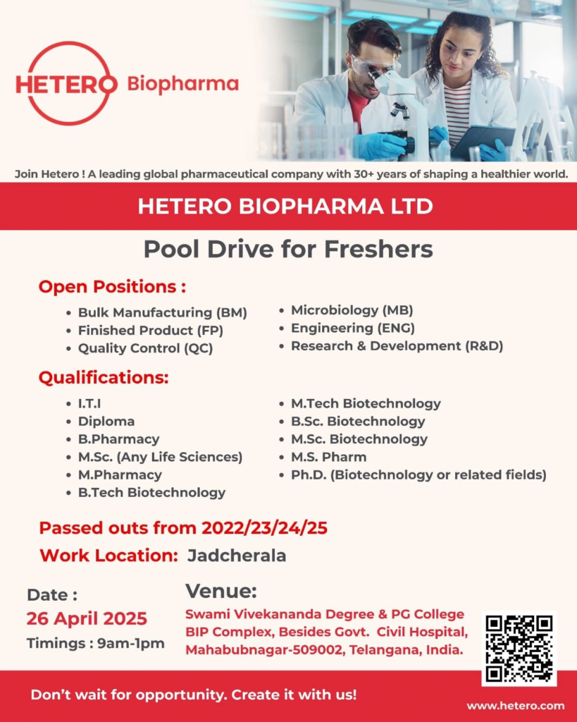 Hetero Biopharma - Pool Drive for Freshers in Jadcherla, Telangana