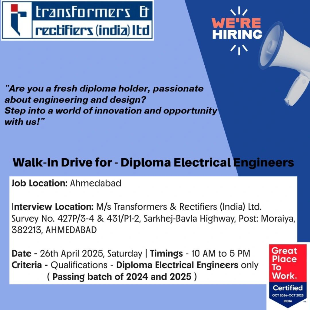 Transformers & Rectifiers (India) Ltd - Walk-In Drive for Fresh Diploma Electrical Engineers