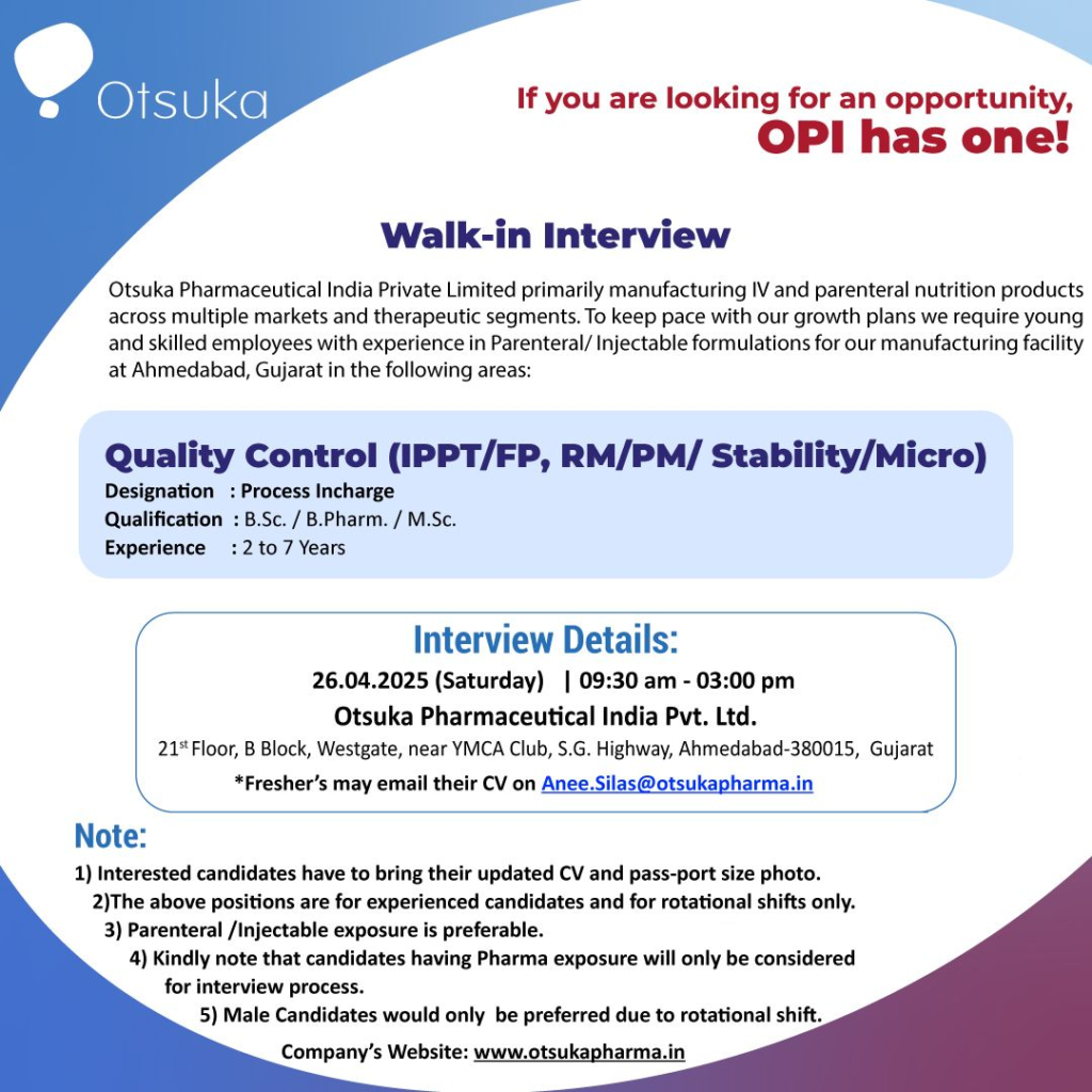 Otsuka Pharmaceutical India - Walk-In Interview for Quality Control Process Incharge