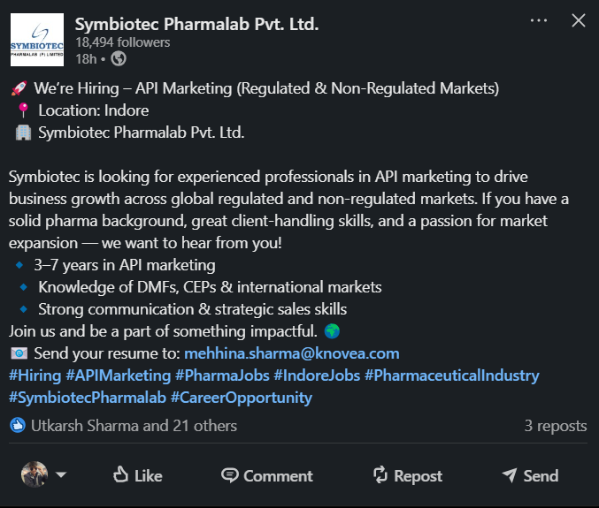 Symbiotec Pharmalab Pvt. Ltd. – API Marketing Opportunities (Regulated & Non-Regulated Markets)
