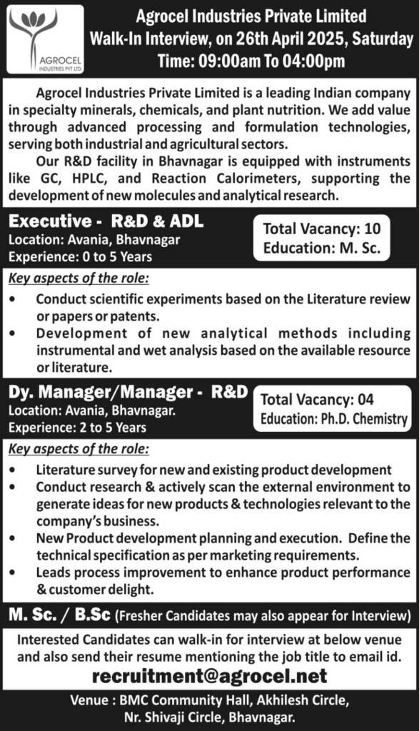 Agrocel Industries Pvt. Ltd. Walk-In Interview for R&D Opportunities on 26th April