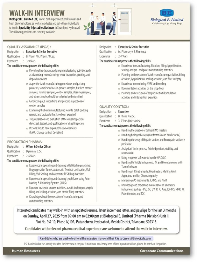 Biological E. Limited Walk-In Interview for Injectables Team