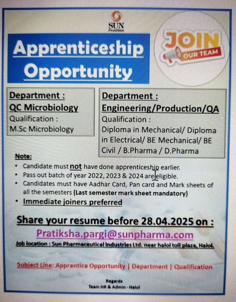 Sun Pharma Apprentice notificaiton