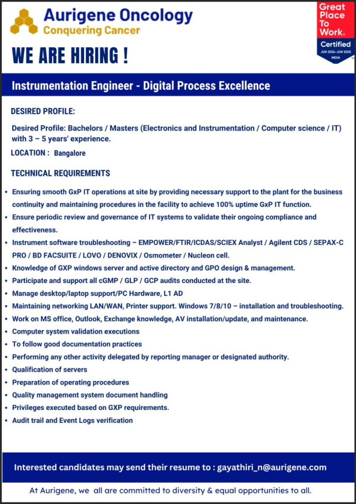 Aurigene Oncology - Job Openings for Instrumentation Engineer - Digital Process Excellence
