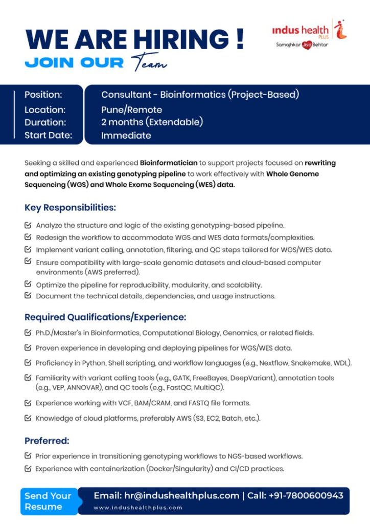 Indus Health Plus Walk-In Drive for Consultant Bioinformatics (Project-Based) [Remote]