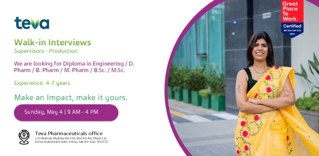 Teva Pharmaceuticals – Walk-In Interview for Supervisors - Production on 4th May