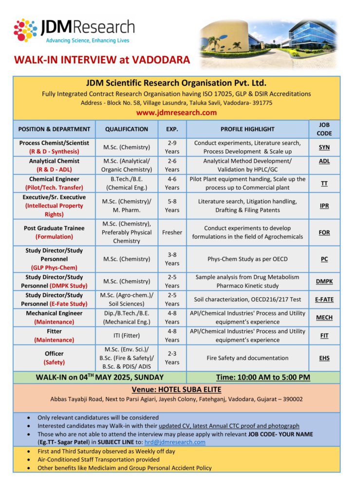JDM Scientific Research Organisation – Walk-In Interview in Vadodara!