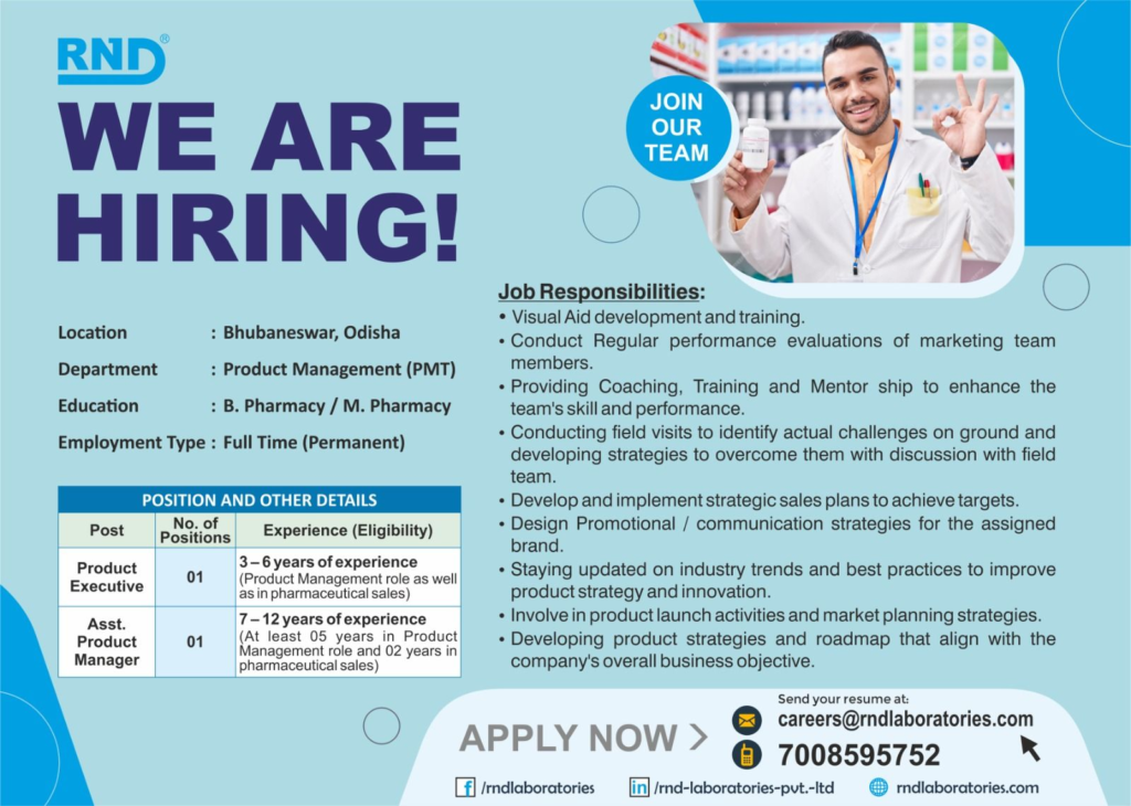 RND Laboratories - Hiring B. Pharmacy or M. Pharmacy Cadidates for Product Management (PMT)