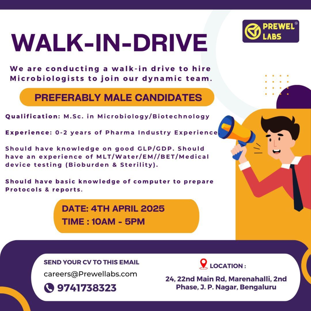 Prewel Labs Walk-In Drive for Microbiologists (0-2 Years Exp)