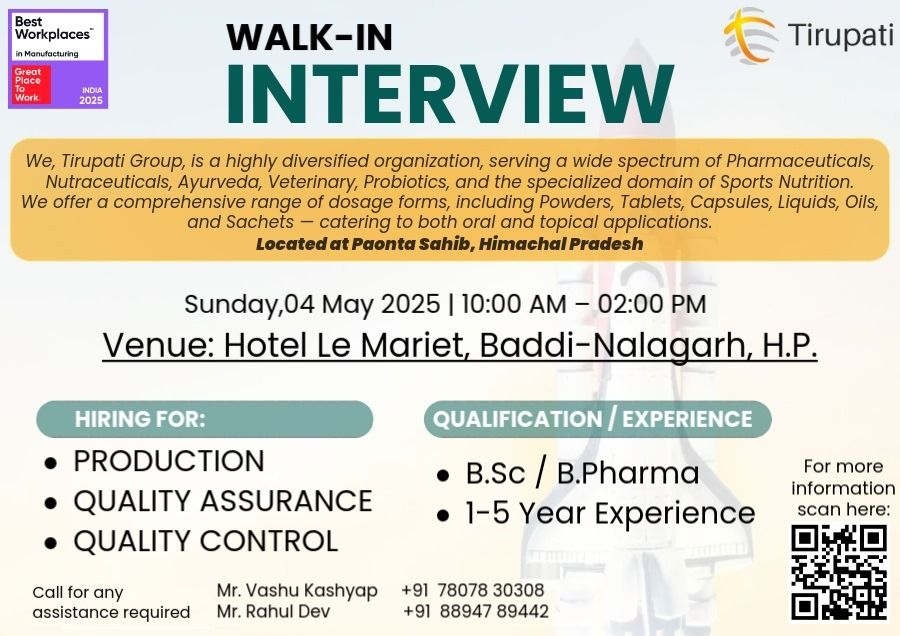 Tirupati Group Walk-In Interview for B.Sc. or B.Pharma Cadidates in Production, QA & QC Departments on 4th May