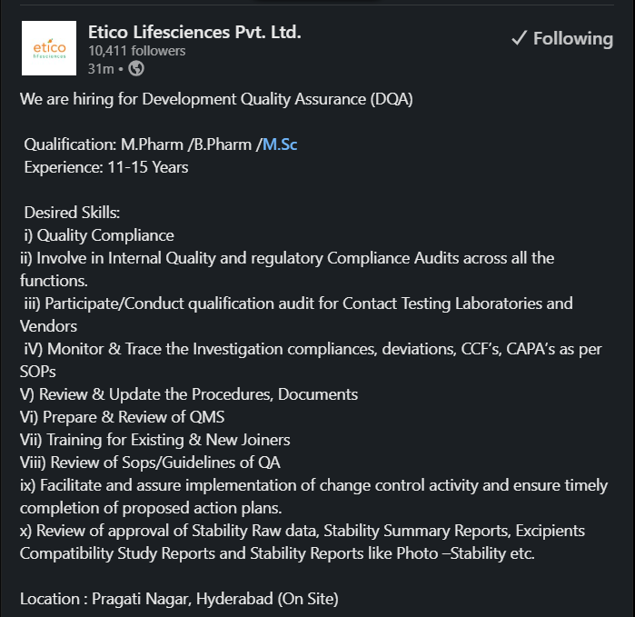 Etico Lifesciences - Job Openings for Development Quality Assurance (DQA) for M.Pharm, B.Pharm, or M.Sc Candidates
