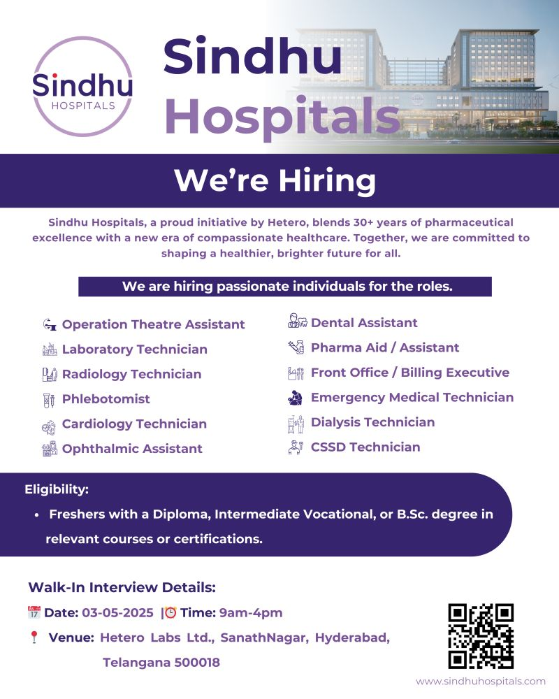 Sindhu Hospitals - Walk-In Interviews for Multiple Positions on 3rd May 2025