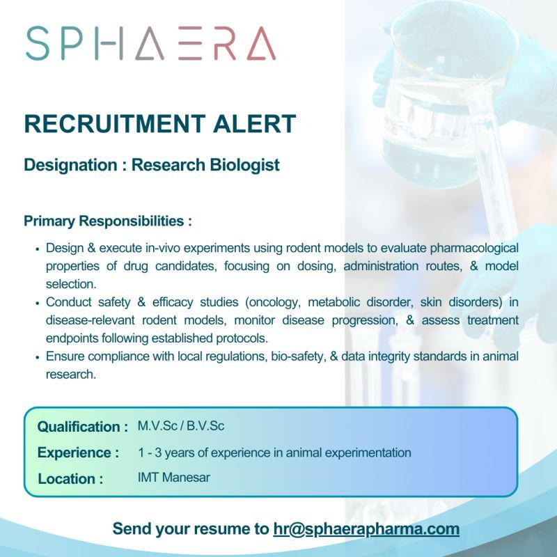 Sphaera Pharma - Research Biologist Opportunity in IMT Manesar
