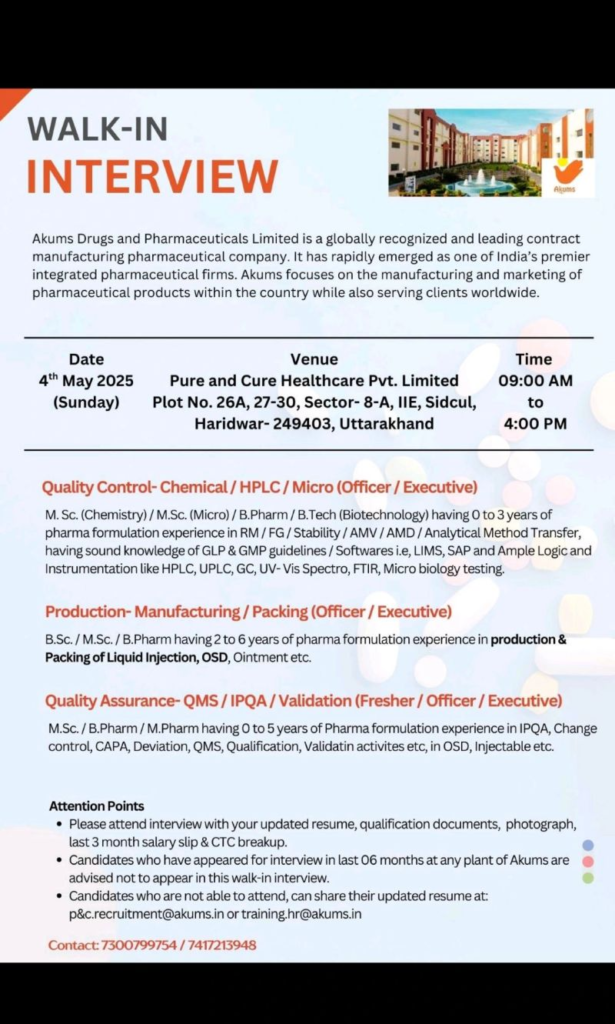 Akums Drugs & Pharmaceuticals Walk-In Interview for Quality Control, Production, and QA Jobs on 4th May