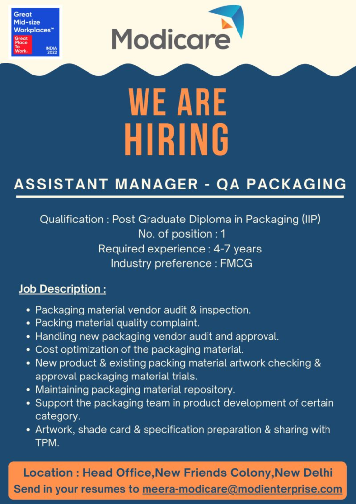 Modicare Hiring for Assistant Manager QA Packaging Opportunity in New Delhi