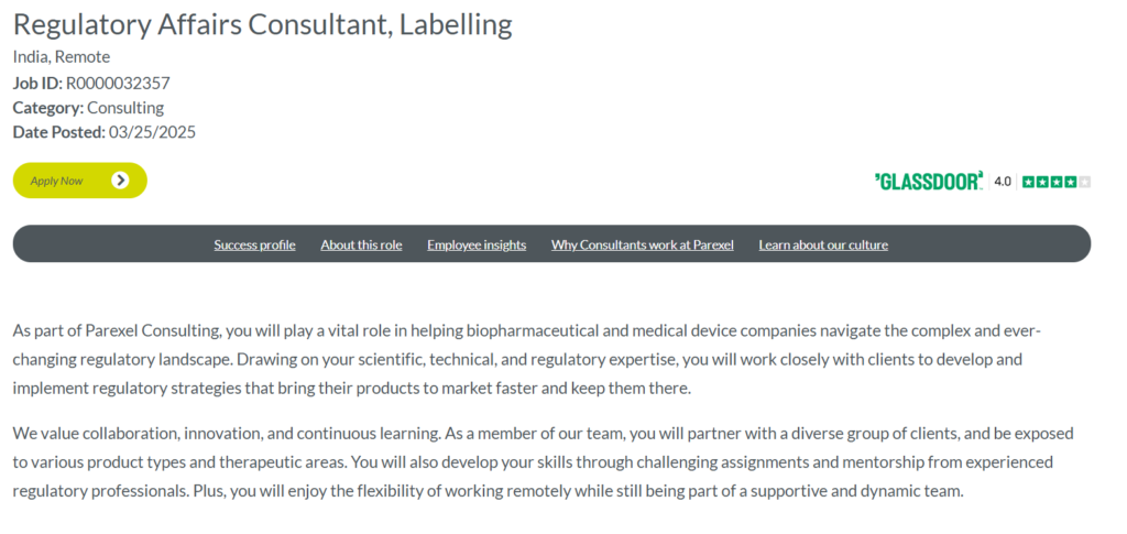 Parexel Hiring for Regulatory Affairs Consultant (Labelling) – Remote Opportunity in India