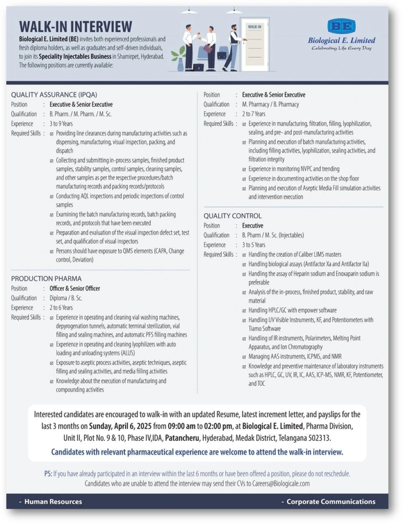 Biological E. Limited Walk-In Interview for Multiple Positions