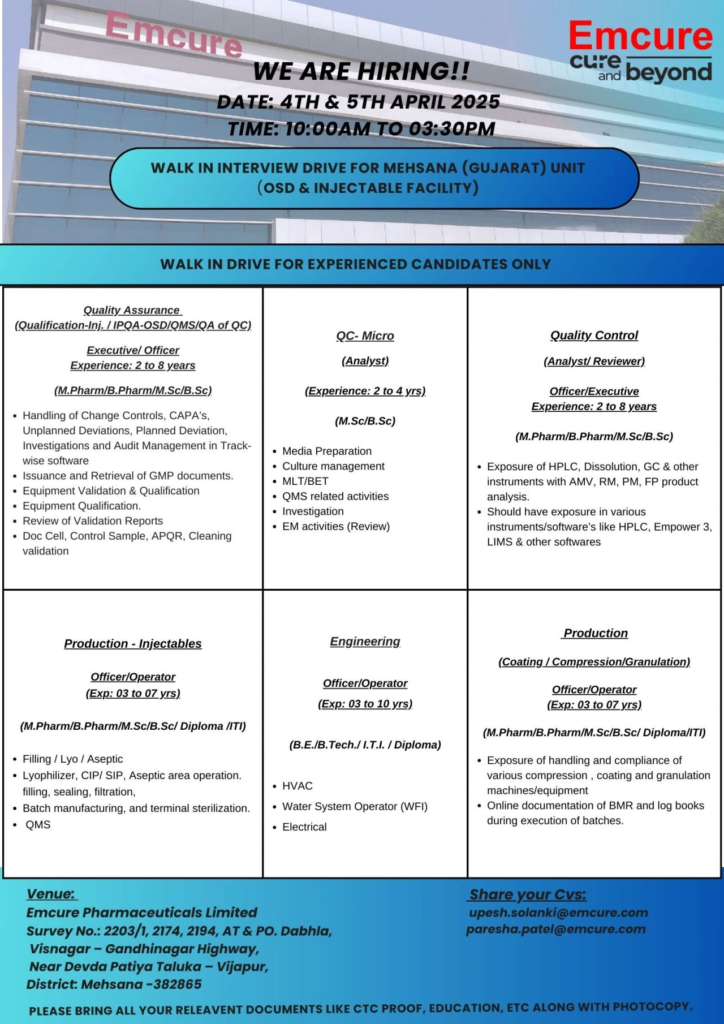 Emcure Pharmaceuticals Walk-In Interview Drive for Production, QA, QC and Engineering Department