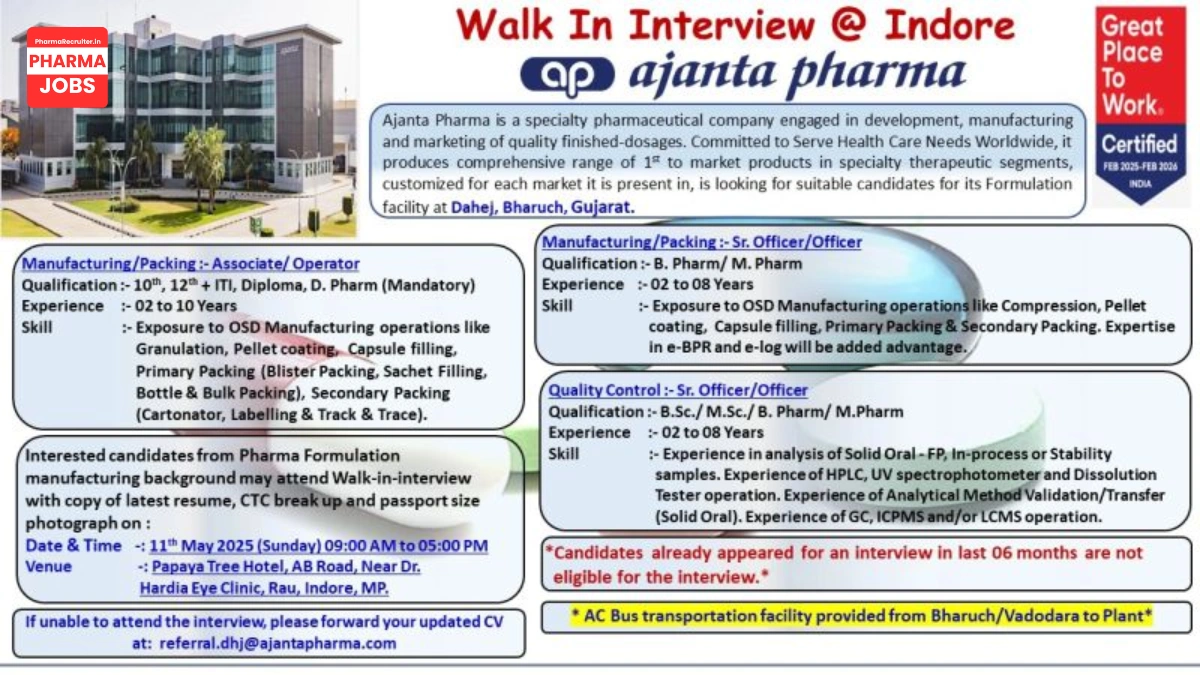 Ajanta Pharma Walk-In Interview for Manufacturing, Packing & Quality Control Roles