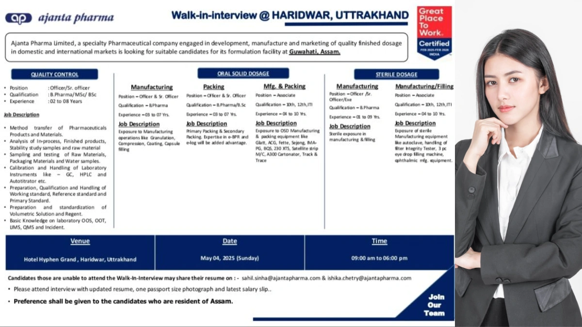 Ajanta Pharma Walk-in Interview for QC, Manufacturing and Packing Departments Jobs