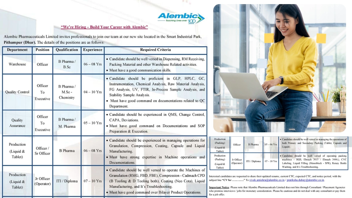 Alembic Pharmaceuticals - Job Openigns for Production, QA, QC and Warehouse Departments