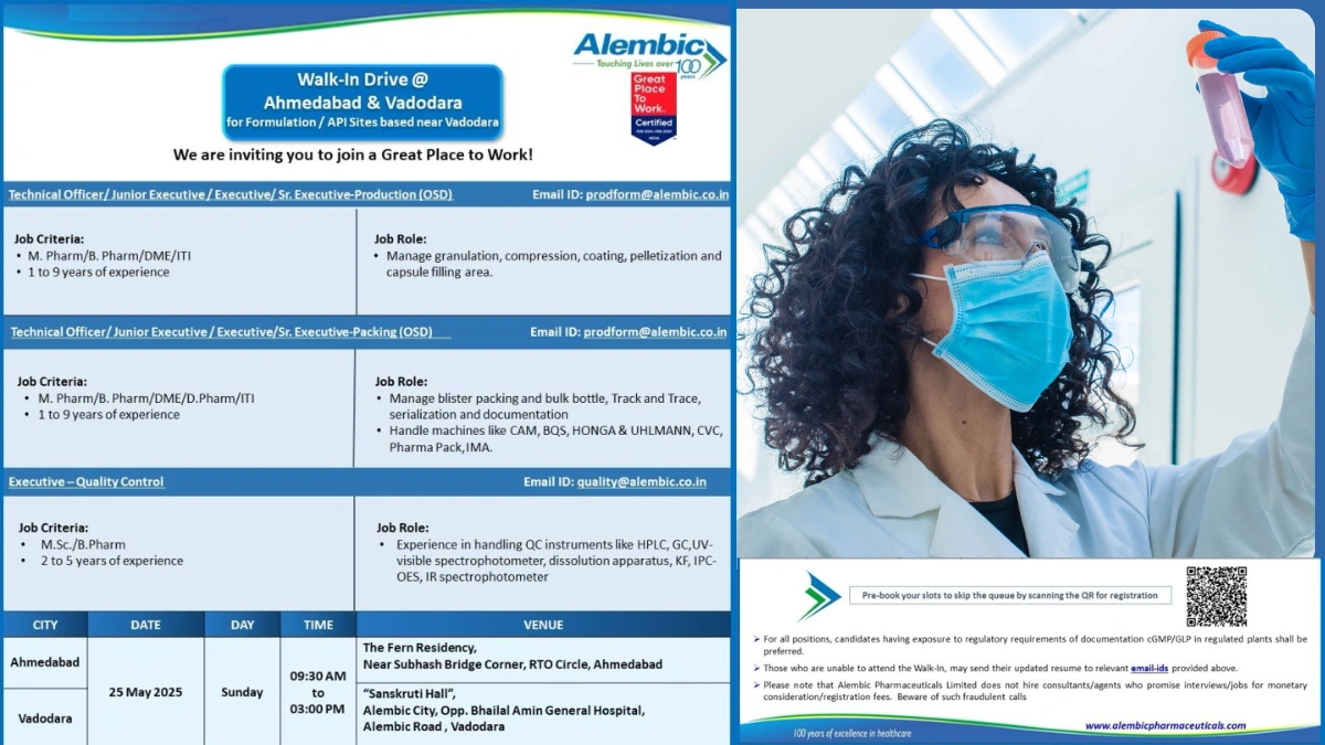 Alembic Pharmaceuticals Walk in Interview for Production, Quality Control & Packing Departments