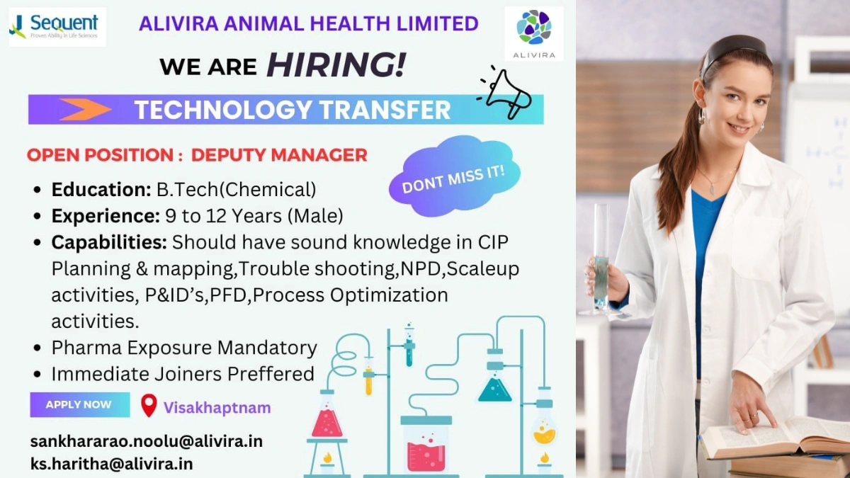 Alivira Animal Health Limited as Deputy Manager – Technology Transfer