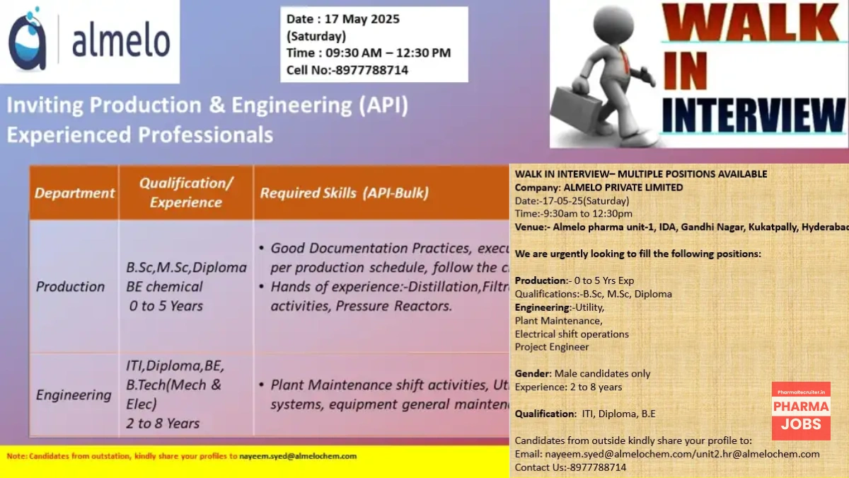 Almelo Private Limited Walk-In Interview for Production & Engineering (API) Roles