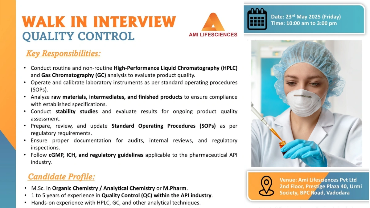 Ami Lifesciences Walk-In Interview for Quality Control Roles