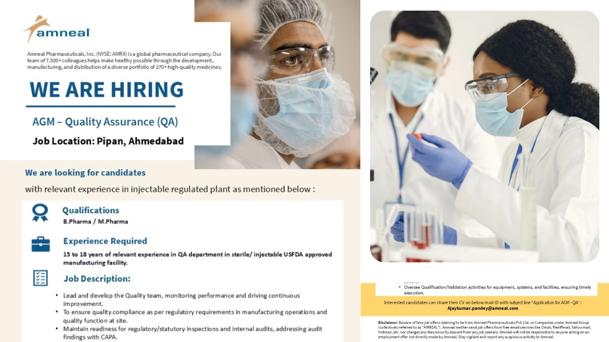 Amneal Pharmaceuticals, Inc. Hiring AGM - Quality Assurance (Injectables) in Ahmedabad