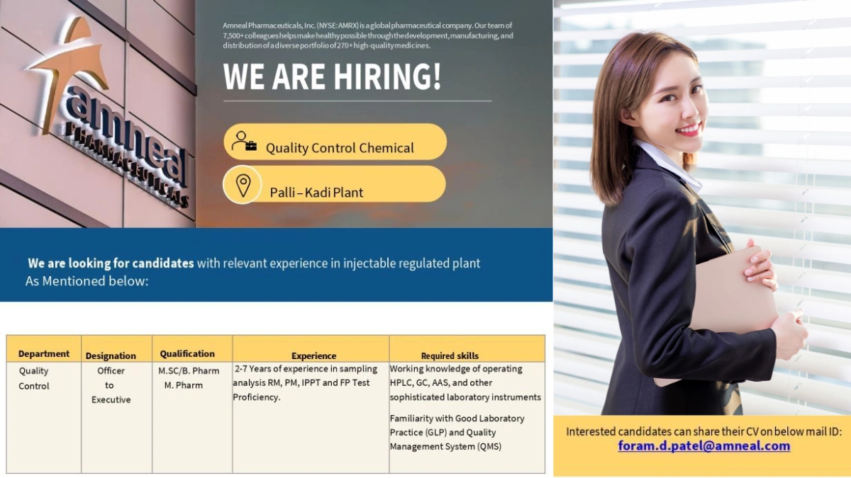 Amneal Pharmaceuticals is Hiring for Quality Control Officer & Executive in Palli-Kadi