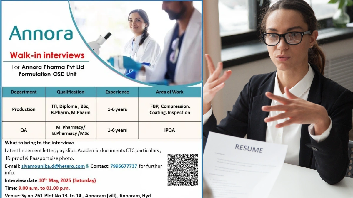Annora Pharma Walk-In Interview for Production, Packing, and QA Jobs