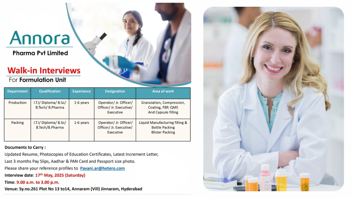 Annora Pharma’s Walk-In Interview for Formulation Unit