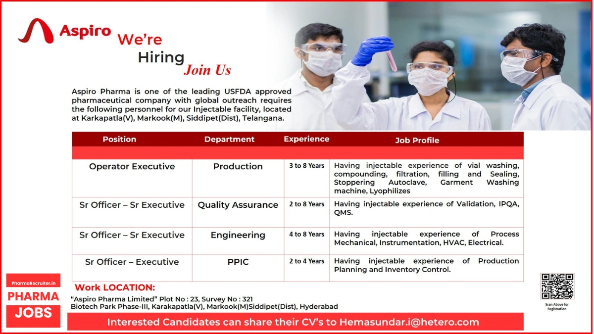 Aspiro Pharma - Career Opportunities in Production, Quality Assurance, Engineering, and PPIC at Karkapatla, Telangana