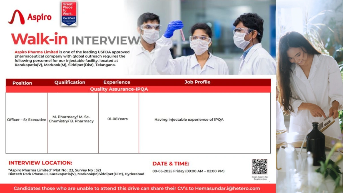 Aspiro Pharma Limited Walk-In Interview for Quality Assurance (IPQA) Officer-Sr. Executive