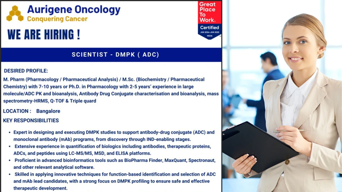 Aurigene Oncology Hiring for Scientist DMPK (Antibody Drug Conjugate) Job Opening