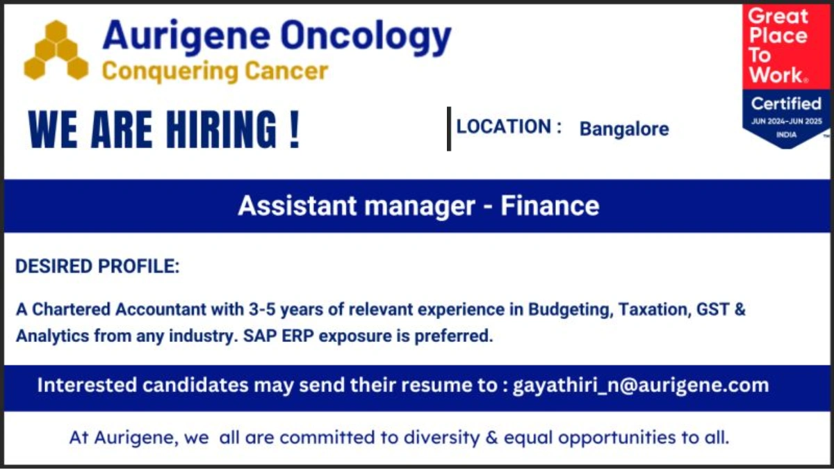 Aurigene Oncology Ltd. Hiring Assistant Manager - Finance