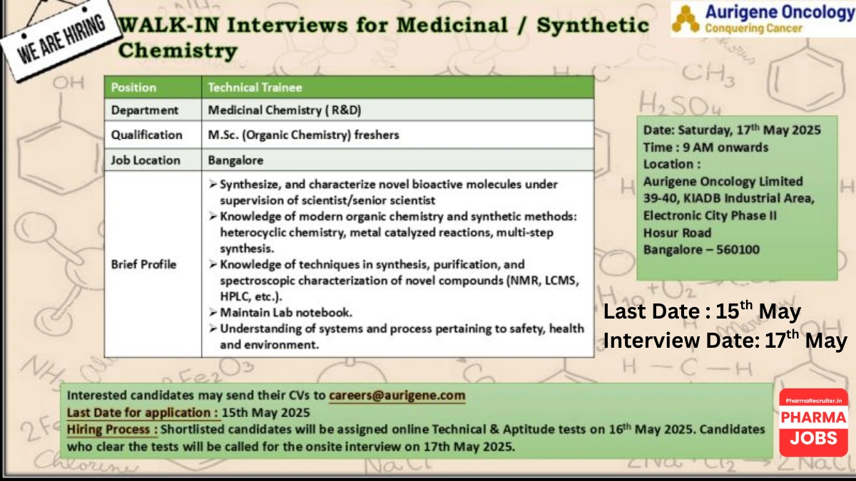 Aurigene Oncology Walk-In Interview for Medicinal Chemistry Technical Trainee