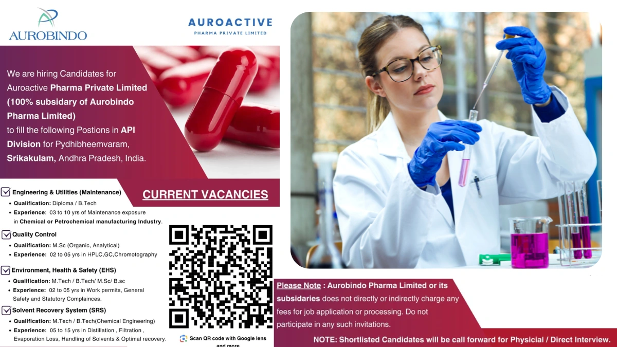 Auroactive Pharma Private Limited (Aurobindo Pharma) - Job Openings for Engineering & Utilities (Maintenance), QC, Environment, Health & Safety (EHS), and Solvent Recovery System (SRS) Roles