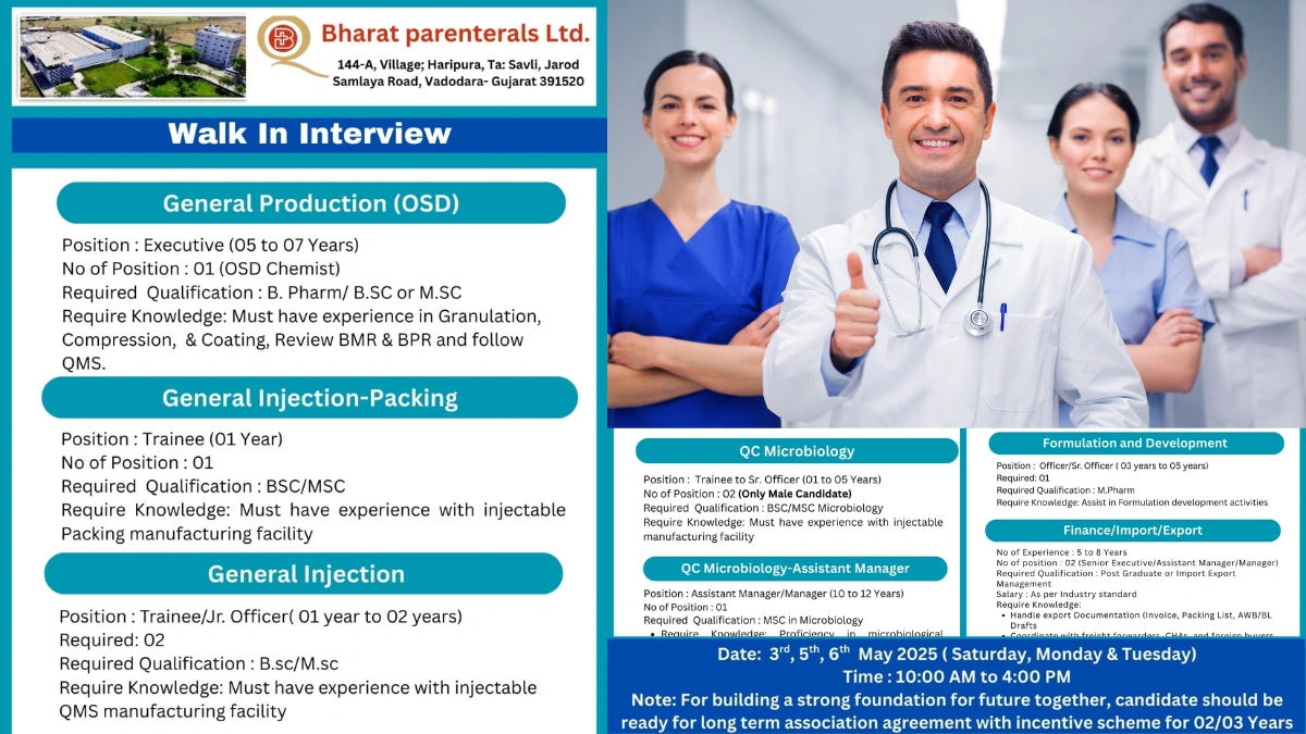 Bharat Parenterals Ltd Walk-In Interview for Multiple Positions (QA, QC Jobs Role)